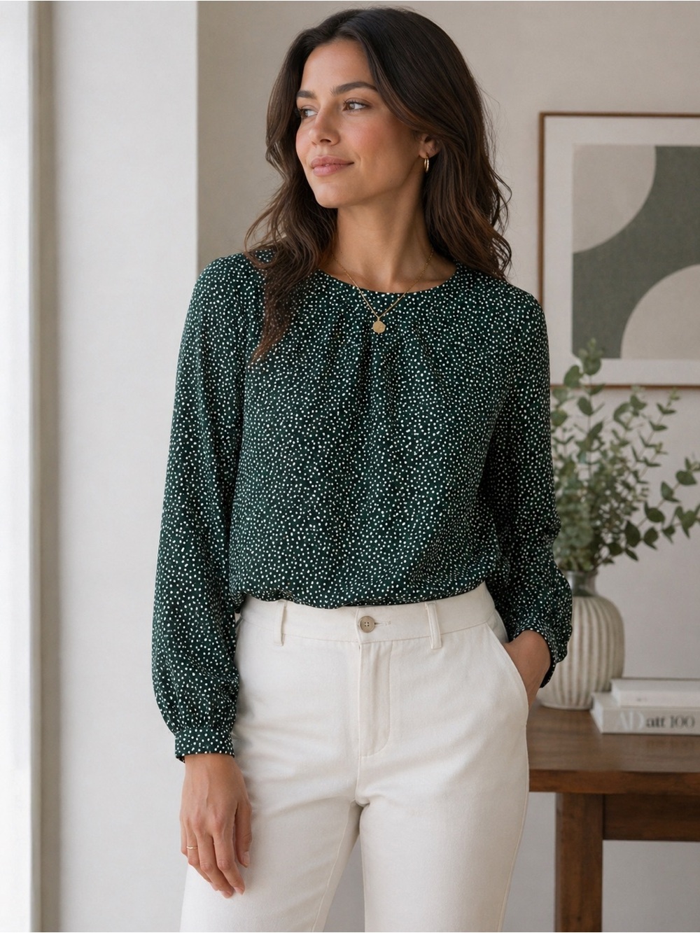 H&M Women’s Green Polka Dot Long‎ Sleeve Blouse Casual Work Top Size 10